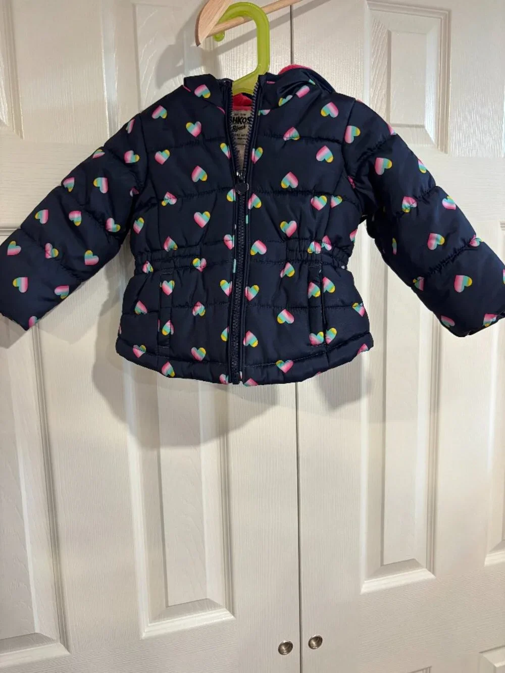 OshKosh B'Gosh Puffer Coat Navy Blue Rainbow Hearts Girl's 18m
